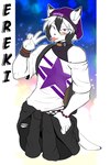 5_fingers anthro biped clothed clothing dipstick_ears ear_markings fingers gesture hair hand_gesture male multicolored_ears solo tongue tongue_out v_sign white_hair munkeesgomu ereki_kagami domestic_cat felid feline felis mammal 2025 hi_res