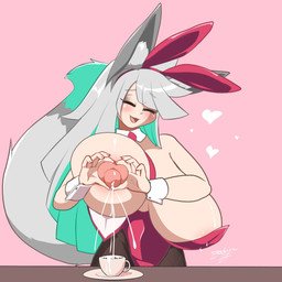beverage big_breasts big_ears big_tail blush blush_lines bodily_fluids breast_milking breasts bunny_costume clothing coffee coffee_cup container costume cup eyes_closed fake_ears fake_rabbit_ears female gesture green_highlights grey_hair hair heart_gesture heart_symbol highlights_(coloring) huge_breasts lactating long_hair milk multicolored_hair necktie projectile_lactation self_manipulation simple_background solo tail text zedrin fuyumi_(zedrin) animal_humanoid canid canid_humanoid canine canine_humanoid fox_humanoid humanoid mammal mammal_humanoid 1:1 hi_res signature