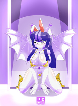 anthro bat_wings big_breasts bikini bodily_fluids breast_squish breasts camel_toe clothing door fake_ears fake_rabbit_ears female genitals glistening glistening_body gold_bikini hair holidays lips membrane_(anatomy) membranous_wings micro_bikini nipples open_door pose purple_eyes purple_hair purple_lips purple_nipples solo squish sweat sweaty_breasts swimwear two-piece_swimsuit vulva wings cranebear easter golden_week tricia_ren_sounhoff bat mammal absurd_res hi_res pinup