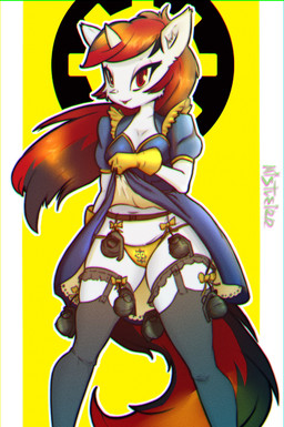 alternate_universe anthro bottomwear clothed clothing clothing_lift dress dress_lift explosives female front-print_panties gloves grenade hair handwear horn legwear maid_uniform multicolored_hair panties presenting_panties presenting_underwear print_clothing print_panties print_underwear red_eyes simple_background solo stockings two_tone_hair underwear uniform weapon yellow_clothing yellow_panties yellow_underwear mistleinn fallout_equestria foe:_project_horizons friendship_is_magic hasbro my_little_pony mythology blackjack_(fallout_equestria) fan_character equid equine horse mammal mythological_creature mythological_equine pony unicorn hi_res