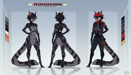 anthro biped clothed clothing color_swatch featureless_crotch fingers hair hat headgear headwear machine male solo tail masvino korosain_(kellervo) android felid feline mammal robot hi_res model_sheet nonbinary_(lore)