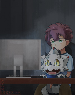 ambiguous_gender anthro brown_hair computer detailed_background duo electronics hair horn keyboard male tired watching_television yellow_eyes doodlersand bandai_namco digimon digimon_ghost_game gammamon_(ghost_game) hiro_amanokawa digimon_(species) gammamon human mammal hi_res