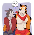 anthro blue_nose blush bulge clothing duo eye_contact heart_symbol kerchief looking_at_another male male/male mascot neckerchief neckwear red_kerchief red_neckerchief text underwear yellow_sclera tangkookie cookie_crisp frosted_flakes kellogg's chip_the_wolf tony_the_tiger canid canine canis felid mammal pantherine tiger wolf 2023 digital_media_(artwork) english_text hi_res