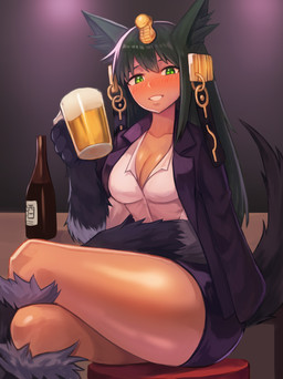 alcohol beer beverage blush bottle bottomwear breasts clothed clothing container drunk female fully_clothed gold_(metal) gold_jewelry green_eyes green_hair hair holding_beverage holding_object jewelry looking_at_viewer monster_girl_(genre) skirt smile solo substance_intoxication thick_thighs sookmo monster_girl_encyclopedia anubis_(mge) animal_humanoid canid canid_humanoid canine canine_humanoid humanoid jackal_humanoid mammal mammal_humanoid 2018 absurd_res hi_res