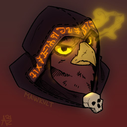 anthro beak black_clothing black_robe bone brown_body brown_feathers clothing feathers glowing glowing_eyes looking_at_viewer male robe skull skull_head solo yellow_eyes mawkvlt avian bird owl 1:1