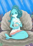 anthro bivalve_shell blue_body blue_hair bottomwear breasts bubble clamshell_bra clothed clothing coral_reef female gem hair holding_object kemono looking_at_viewer mollusk_shell partially_clothed pearl_(gem) shell sitting skirt small_breasts smile smiling_at_viewer solo tropical underwater water yanamosuda brand_new_animal studio_trigger nina_flip anthozoan cetacean cnidarian coral dolphin mammal marine oceanic_dolphin toothed_whale hi_res signature