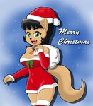 2019 anthro armwear black_hair christmas christmas_clothing christmas_headwear clothing domestic_cat elbow_gloves english_text felid feline felis female gloves hair handwear hat headgear headwear holidays kitty_katswell mammal mrsrlord nickelodeon portrait santa's_sack santa_dress santa_hat smile snow snowing solo t.u.f.f._puppy text three-quarter_portrait