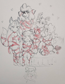 anthro bdsm bed blood blush blushing_at_viewer bodily_fluids bondage bound butt eyewear female frown furniture goggles hair harem heart_symbol holidays male navel nosebleed nude raised_tail ribbon_bondage ribbons smile tail pikapika212 murphy_and_mitzi valentine's_day bunny_(ajmarekart) marcie_beaucoup_(ajmarekart) mitzi_(ajmarekart) murphy_(ajmarekart) vivian_(ajmarekart) zoe_(ajmarekart) canid canine canis domestic_cat domestic_dog felid feline felis fox lagomorph leporid mammal poodle rabbit rodent sciurid tree_squirrel colored traditional_media_(artwork)