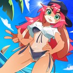 anthro backwards_baseball_cap backwards_hat baseball_cap beach bikini blue_bikini blue_clothing blue_swimwear boat bottomwear breasts brown_body brown_fur camel_toe clothing crotch_tuft denim denim_bottomwear denim_clothing denim_shorts eyebrow_through_hair eyebrows eyelashes female floppy_ears front-tie_bikini fur gesture green_eyes hair hand_gesture hand_on_hip hat headgear headwear low-angle_view navel outside pink_hair shorts side-tie_bikini solo string_bikini sun swimwear tan_body tan_fur tongue tongue_out translucent translucent_hair tuft two-piece_swimsuit under_boob v_sign vehicle watercraft worm's-eye_view drawligator lagomorph leporid mammal rabbit 1:1 2025 hi_res