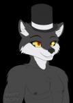 anthro black_background black_body black_fur black_nipples black_nose black_sclera clothed clothing fur hat headgear headwear male nipples simple_background smile solo top_hat topless white_body white_fur yellow_eyes swiftnicity thehuskyk9 canid canine canis domestic_dog husky mammal nordic_sled_dog spitz compression_artifacts