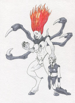 abs anthro armor athletic athletic_female breasts clothed clothing death duo female hooves impalement linked_nipples linked_piercing nipple_piercing nipples nipples_to_collar piercing simple_background unconvincing_armor unguligrade adeptus-monitus blizzard_entertainment diablo_2 andariel demon human mammal hi_res traditional_media_(artwork)