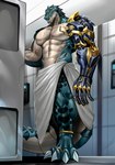 4_toes abdominal_scar abs anthro biceps black_body black_scales chest_scar claws countershading cybernetic_arm cybernetic_limb eyebrow_stud facial_spikes feet gold_(metal) gold_tooth green_body green_scales head_spines low-angle_view male muscular muscular_anthro muscular_male obliques scales scar sharp_teeth shower solo spikes spikes_(anatomy) stud_piercing tan_body tan_countershading tan_scales teeth toe_claws toes towel_around_waist vein veiny_muscles yellow_sclera saft ryuichi_arasaka alligator alligatorid crocodilian reptile scalie 2024 hi_res