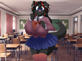 anthro big_breasts black_body black_fur blue_eyes bottomwear breasts chair chalkboard clothed clothing curtains day detailed_background door female fur furniture huge_breasts information_board inside legwear light looking_at_viewer school school_desk school_uniform skirt solo standing stockings sunlight surprised uniform window dracojeff doki_doki_literature_club! team_salvato canid canine canis domestic_dog mammal 2020 4:3