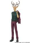anthro antlers beastars belt bottomwear cervine clothed clothing copyright_symbol deer footwear hi_res horn looking_at_viewer louis_(beastars) male mammal necktie official_art orange_co. pants red_deer shirt shoes simple_background solo suit symbol topwear white_background