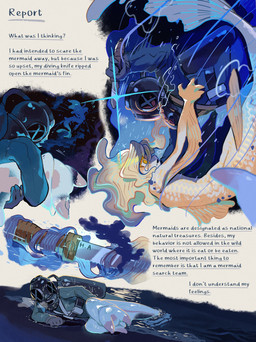 ambiguous_gender attack beach blood bodily_fluids bubble diving_suit duo fin group holding_another holding_knife holding_object intersex knife looking_at_another male oxygen_tank pink_body sand scales sea split_form text translucent translucent_body underwater water white_body yellow_eyes rurupo aquatic aquatic_gastropod clione gastropod human humanoid mammal merfolk mollusk sea_angel sea_slug slug 2026 absurd_res alternate_version_at_source comic english_text hi_res herm_(lore)
