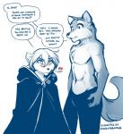2018 anthro blush brutus_(twokinds) canid canine canis clothed clothing clovis_(twokinds) conditional_dnp crossgender dialogue duo english_text female fox fur hair hi_res hybrid ill in_heat keidran male mammal monochrome mtf_crossgender notched_ear oblivious partially_clothed robe simple_background sketch text tom_fischbach topless twokinds unimpressed white_background wolf