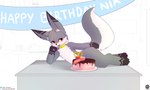 anthro food happy_birthday knot male pastry pie simple_background solo white_background senz sean_(senz) canid canine fox mammal absurd_res hi_res