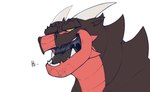 anthro black_body black_scales black_tongue detailed_mouth fangs horn male open_mouth red_body red_scales scales solo teeth text tongue uvula yellow_eyes chibsarts mythology chiderg dragon mythological_creature mythological_scalie scalie english_text hi_res