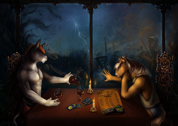 abs anthro blue_eyes brown_hair container cup drinking_glass duo electricity glass glass_container glass_cup grey_body hair inside lightning male mouth_closed navel night orange_eyes orange_hair pecs side_view sitting tan_body white_body white_hair window wine_glass satanic_monkey equid equine horse mammal