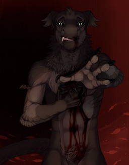 anthro black_claws black_sclera blood bodily_fluids brown_body brown_fur cheek_tuft chest_tuft claws crying facial_tuft fangs featureless_crotch finger_claws floppy_ears fur glistening glistening_eyes gore green_eyes looking_at_viewer male neck_tuft nude simple_background solo tears teeth tuft riorix species_request half-length_portrait hi_res portrait