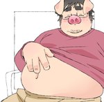 anthro belly big_belly blush clothed clothing eyes_closed kemono male navel overweight overweight_male raised_clothing raised_shirt raised_topwear shirt simple_background solo topwear inunoshippo domestic_pig mammal suid suina sus_(pig) 2024 hi_res