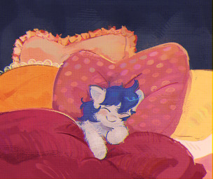 ambiguous_feral ambiguous_gender bed blue_hair blush closed_smile cozy eyes_closed feral fur furniture hair happy inside lying mouth_closed on_side pillow quadruped red_blanket sleeping smile solo under_covers white_body white_fur young young_ambiguous young_feral sheep-kinta fluffy_pony fluffy_pony_(species) mammal 2024 bust_portrait digital_media_(artwork) digital_painting_(artwork) painting_(artwork) portrait