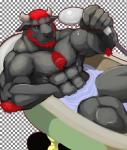 anthro arm_tuft bath beard big_muscles black_body black_fur black_nose body_hair chest_hair elbow_tuft facial_hair fur green_eyes hair horn male muscular muscular_anthro muscular_male red_hair solo tuft water monchi boku_(character) bovid bovine cattle mammal 2013