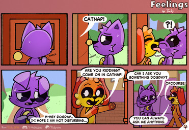 anthro black_eyes blush blush_lines bodily_fluids dialogue door door_handle doorknob duo ears_back ears_down ears_up exclamation_point face_lick fur furniture inside knocking licking long_tail male male/male nervous orange_body orange_fur outside pawpads paws photo picture_frame pivoted_ears plant pupils purple_body purple_fur saliva shrub sitting small_pupils smile sofa speech_bubble sweat sweatdrop tail text tongue tree white_pupils window yellow_body yellow_fur tinky mob_entertainment poppy_playtime smiling_critters catnap_(poppy_playtime) dogday_(poppy_playtime) canid canine canis domestic_cat domestic_dog felid feline felis mammal comic hi_res url