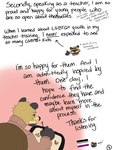 anthro asexual_pride_colors black_ears black_hands black_nose bottomwear brown_background brown_body brown_fur clothing dialogue drawing drawing_tablet ear_piercing eyebrows eyes_always_closed eyes_closed frown fur lgbt_pride male pants piercing pink_piercing pride_colors question_mark shirt simple_background solo talking_to_viewer text thick_eyebrows topwear whisker_spots p_rindustries p_rindustries_(p_rindustries) canid canine mammal raccoon_dog tanuki comic hi_res