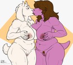 anthro big_breasts blush breasts curvy_figure duo female female/female fur genitals hair horn nipples nude pubes pussy simple_background tail text thick_thighs tongue voluptuous white_body white_fur wide_hips delta_dewitt deltarune undertale_(series) susie_(deltarune) toriel boss_monster_(undertale) bovid caprine goat mammal reptile scalie 2024 digital_media_(artwork) hi_res