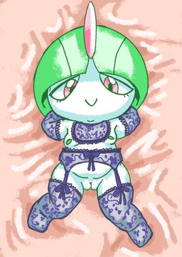armwear bed bib clothed clothing female flat_chested furniture garter_belt garter_straps genitals green_hair hair lace leggings legwear lingerie loli looking_at_viewer lying lying_on_bed neonate nipples on_back on_bed simple_background solo stockings underwear vulva white_body young sneakydickey nintendo pokemon generation_3_pokemon humanoid pokemon_(species) ralts digital_media_(artwork) hi_res
