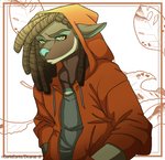 anthro biped blue_nose brown_body brown_fur brown_hair clothing dreadlocks fur hair jacket leaf looking_at_viewer male simple_background solo sweater text topwear white_background yellow_eyes corkiicorgii odds_(character) 2020 english_text half-length_portrait portrait signature