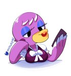 big_breasts blush blush_stickers breasts eyeshadow feathers female glistening_eyelids half-closed_eyes holding_object lipstick makeup narrowed_eyes purple_body purple_feathers raised_hand red_lipstick simple_background solo white_background minus8 animal_crossing nintendo phyllis_(animal_crossing) avian bird pelecaniform pelican 2021 digital_media_(artwork) hi_res signature