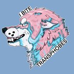 angry bared_teeth blue_background ears_down feral frown lgbt_pride male pivoted_ears pride_colors simple_background solo transgender_pride_colors spookyfigures canid canine canis mammal wolf hi_res pastel_theme signature