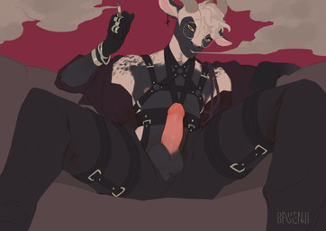 anthro biped cigarette erection eyewear genitals glasses harness male penis sitting smoke smoking solo bassenji dim333 bovid caprine goat mammal 2021 hi_res