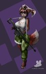 anthro bangs biped bottomwear breasts brown_body brown_fur brown_hair cheek_tuft claws cleavage clothed clothing countershade_face countershade_fur countershade_torso countershading dipstick_tail eyebrows facial_tuft feet female floppy_ears fully_clothed fur green_bottomwear green_clothing green_pants grey_eyes gun hair hindpaw logo long_hair looking_at_viewer markings pants paws ponytail purple_background ranged_weapon rifle shirt simple_background sniper_rifle solo standing tail tail_markings tank_top toe_claws topwear tuft weapon white_body white_clothing white_fur white_shirt white_tail_tip white_tank_top white_topwear pecivalrat canid canine canis domestic_dog mammal 2025 absurd_res artist_logo artist_name digital_media_(artwork) digital_painting_(artwork) hi_res