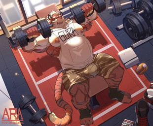 4_toes 5_fingers ankle_wraps anthro bench_press big_bulge big_muscles black_body black_fur black_sclera bodily_fluids bottomwear bulge clothing dumbbell exercise eyebrows feet fingers fur gym huge_muscles humanoid_feet humanoid_hands male muscular muscular_anthro muscular_male nipples orange_body orange_fur pecs pink_nipples plantigrade shorts sleeveless_hoodie solo striped_body striped_fur stripes sweat thick_eyebrows toes weightlifting weights white_body white_fur workout wristband yellow_eyes littleblackalas felid mammal pantherine tiger 2020
