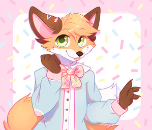 anthro blep brown_ears brown_nose closed_smile clothed clothing fangs front_view fur green_eyes hair looking_at_viewer male mouth_closed orange_body orange_fur orange_hair pattern_background simple_background smile solo teeth tongue tongue_out white_body white_fur bloominglynx canid canine fox mammal absurd_res hi_res