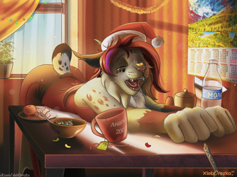 anthro beverage black_ears black_spots bottle brown_hair building calendar cereal christmas_clothing christmas_decorations christmas_headwear christmas_lights clothed clothing container detailed_background eyes_closed female food fur furniture grey_body grey_fur hair hat headgear headwear holidays house mandarin morning multicolored_body multicolored_fur multicolored_tail on_table open_mouth plant red_clothing red_shirt red_topwear santa_hat shirt short_tail solo spots stretching table tail tea tired topwear window yawn xleb0rezka christmas new_year new_year_2023 annet_(xleb0rezka) felid feline lynx mammal 2022 4:3 hi_res watermark