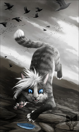 ambiguous_gender black_border black_lips black_nose blue_eyes border feathers feral flying fur grey_body grey_fur group hair lips open_mouth solo_focus teeth tongue whiskers white_hair oneminutesketch avian bird corvid corvus_(genus) crow domestic_cat felid feline felis mammal oscine passerine 2015 digital_media_(artwork) hi_res