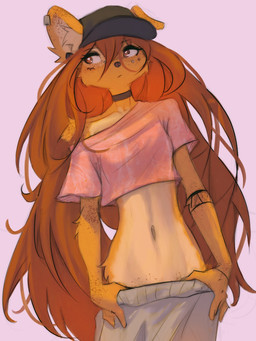 anthro arm_tattoo biped bottomwear breasts brown_eyes brown_hair brown_tail choker clothed clothed_anthro clothed_female clothing countershade_fur countershade_torso countershading ear_piercing female fingers front_view fully_clothed fully_clothed_anthro fully_clothed_female fur gauged_ear hair hat headgear headwear inner_ear_fluff jewelry long_hair long_tail looking_aside navel necklace pants piercing simple_background solo standing tail tan_body tan_fur tattoo topwear tuft tinygaypirate apogee_(tinygaypirate) canid canine canis domestic_dog mammal 2026 3:4 digital_drawing_(artwork) digital_media_(artwork) hi_res