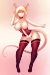 anthro big_breasts blonde_hair breasts choker clothed clothing corset female fur genitals hair jewelry legwear lingerie necklace nipples pussy simple_background smile solo stockings teeth thigh_highs tight_clothing topwear white_body white_fur box-cat penelope_white mammal mouse murid murine rodent digital_media_(artwork) hi_res shaded