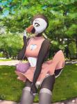 anthro beak black_beak black_body black_feathers bottomwear breasts brown_eyes cleavage cleavage_cutout clothed clothing countershading covering covering_mouth covering_own_mouth covering_self crop_top cutout day detailed_background embarrassed eyelashes feathers female frilly frilly_clothing frilly_panties frilly_underwear front_view fully_clothed grass heart_symbol lace legwear lingerie looking_down midriff miniskirt multicolored_beak multicolored_body multicolored_feathers navel non-mammal_breasts open_beak open_mouth orange_beak outside panties panty_shot park pink_bottomwear pink_clothing pink_topwear plant pose public purse raised_bottomwear raised_clothing raised_skirt shirt skirt sleeveless solo standing stockings striped_beak stripes surprise tail tail_under_skirt topwear tree two_tone_body two_tone_feathers underwear upskirt white_beak white_body white_bottomwear white_clothing white_feathers white_stripes wind wind_lift deerstail pearl_(boolean) alcid atlantic_puffin avian bird lari puffin 2017 digital_media_(artwork) pinup shaded soft_shading watermark