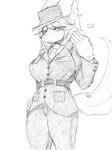 anthro belt blank_expression clothed clothing expressionless female gloves hair hand_on_hip handwear hat headgear headwear military_cap military_uniform necktie short_hair solo tail uniform stiggler yaco_kitagawa canid canine canis fox mammal red_fox true_fox 2022 digital_media_(artwork) hi_res monochrome sketch