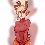 accessory anthro antlers blonde_hair bottomless braided_hair clothed clothing female flower flower_in_hair georgezero green_eyes hair hair_accessory horn humanoid_face lips plant short_hair single_braid smile solo sweater topwear young battlerite blossom_(battlerite) faun 1:1 hi_res