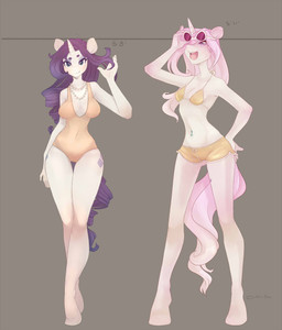 anthro anthrofied bikini breasts chart cleavage clothed clothing cutie_mark duo eyeshadow eyewear female glasses hair horn jewelry makeup navel necklace piercing pink_hair purple_eyeshadow purple_hair size_chart sunglasses swimwear two-piece_swimsuit dahliabee friendship_is_magic hasbro my_little_pony mythology fleur_de_lis_(mlp) rarity_(mlp) equid equine mammal mythological_creature mythological_equine unicorn 2014 hi_res