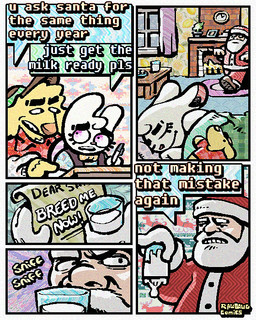 5_panel_comic aloha_shirt anthro beard bodily_fluids bow_tie clothing cum cum_in_a_cup cum_in_container dialogue disgusted_expression ears_down eyes_closed facial_hair floppy_ears fur genital_fluids group hair half-closed_eyes hat headgear headwear holidays humor male narrowed_eyes onomatopoeia overalls pattern_clothing pattern_shirt pattern_topwear pivoted_ears shirt sleeping sound_effects speech_bubble text topwear trio white_body white_fur white_hair yellow_body yellow_fur rawdawgcomics christmas bingus_(rawdawgcomics) santa_claus stahli_(rawdawgcomics) bird_dog canid canine canis domestic_dog golden_retriever human hunting_dog lagomorph leporid mammal rabbit retriever 4:5 comic english_text hi_res