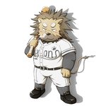 anthro baseball_(sport) baseball_bat baseball_uniform bat_(object) blush bottomwear brown_body brown_fur chibi clothing fur humanoid_hands kemono male overweight overweight_anthro overweight_male pants simple_background solo sport sportswear uniform white_background emufu lagoon_lounge rai_banjou felid lion mammal pantherine 1:1 2013