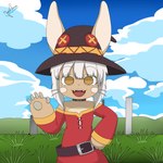 anthro clothing cosplay crossover_cosplay female gesture grass_field hair hat headgear headwear solo waving waving_at_viewer white_hair yellow_eyes whygenamoon konosuba:_god's_blessing_on_this_wonderful_world! made_in_abyss megumin_(konosuba) nanachi lagomorph leporid mammal rabbit 1:1 absurd_res crossover hi_res