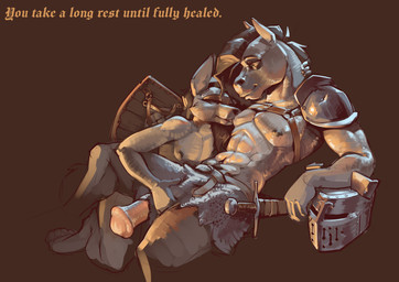 anthro armor duo genitals hand_on_penis harness headgear helmet male male/male melee_weapon nipples pauldron penis sheathed_weapon shield sword text weapon elie-s_den elie_fox elie_horse canid canine equid equine fox horse mammal absurd_res english_text hi_res